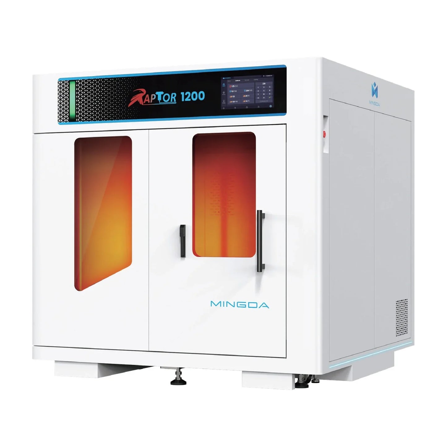 Stampante 3D Mingda Raptor 1200 con display touchscreen e porte in vetro arancione