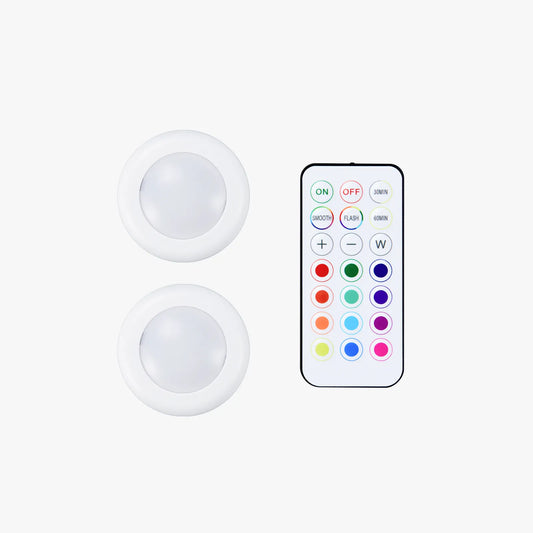 Remote controlled 16-color RGBW puck lights