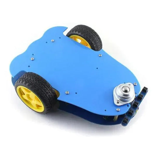 Piattaforma robotica programmabile con telaio blu e ruote gialle, kit per robotica educativa.