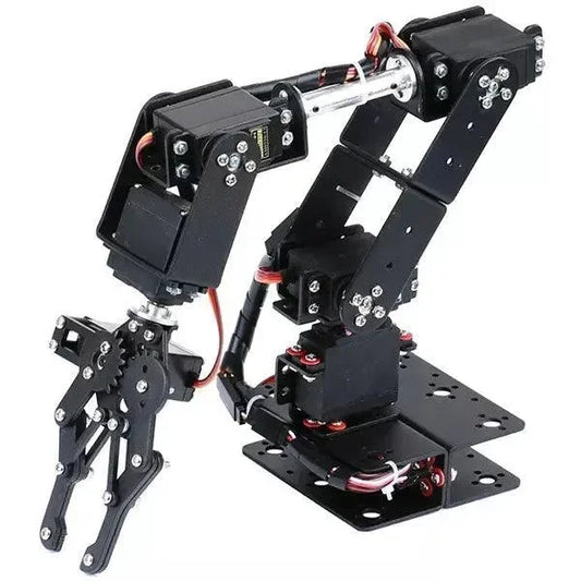 Braccio robotico 6DOF con pinza, struttura in metallo e servi RC, ideale per robotica e stampa 3D.