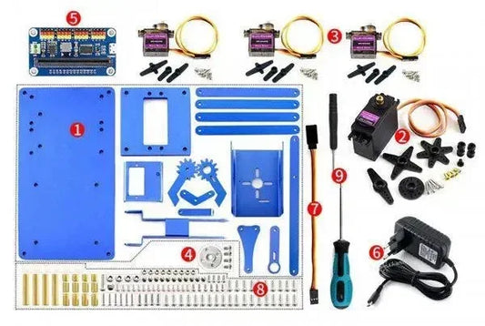 Kit montaggio braccio robotico per micro:bit con componenti in metallo blu, motori servo, cavi, scheda e utensili.