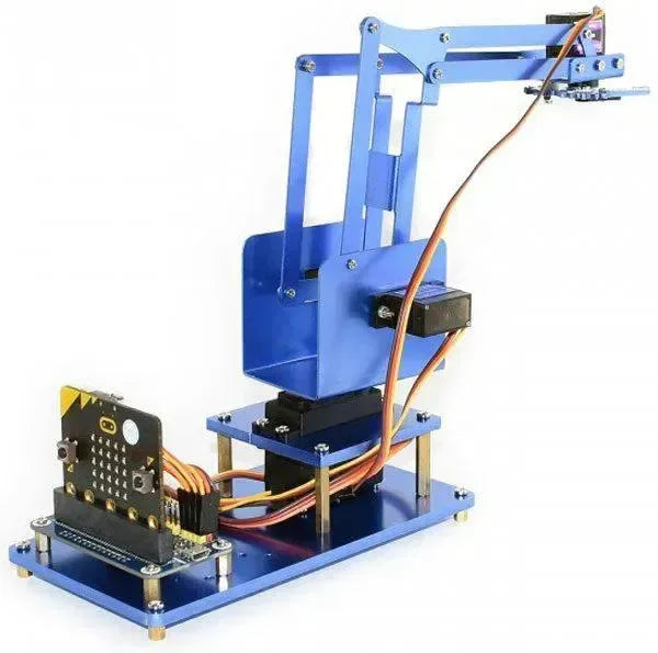 Braccio robotico per micro:bit in metallo blu con scheda di controllo e servomotori