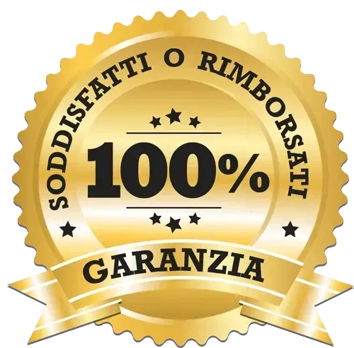 Sigillo dorato con testo 'Soddisfatti o rimborsati 100% garanzia'.