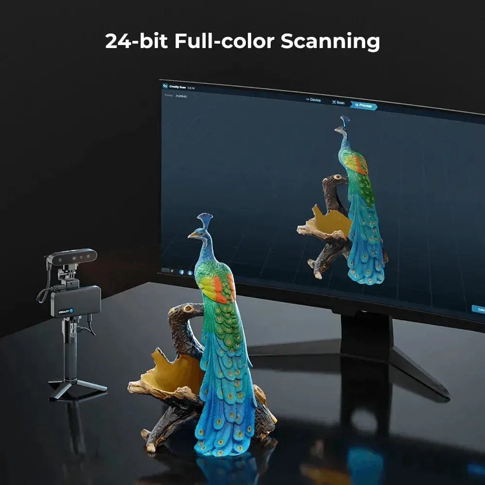 Scanner 3D a colori che digitalizza un pavone su monitor, tecnologia stampa 3D