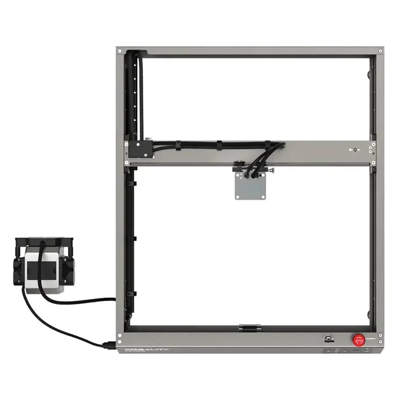 Struttura metallica taglierina laser CNC desktop, vista frontale con cavi e pulsante rosso.