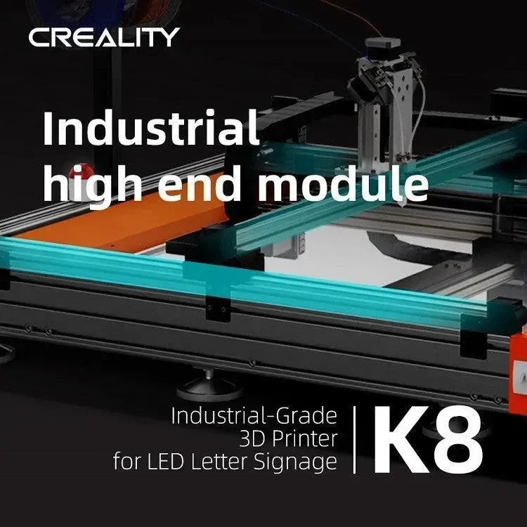 Stampante 3D industriale Creality K8 per lettere luminose LED su sfondo nero, primo piano modulo avanzato.