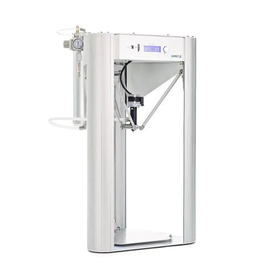 Stampante 3D Delta professionale bianca per stampa ceramica e argilla, vista laterale