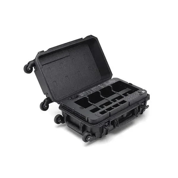 Valigia nera rigida per batterie droni DJI con scomparti interni e ruote