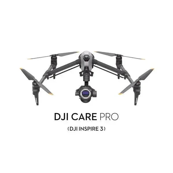 Drone DJI Inspire 3 professionale con telecamera, servizio DJI Care Pro, sfondo bianco.