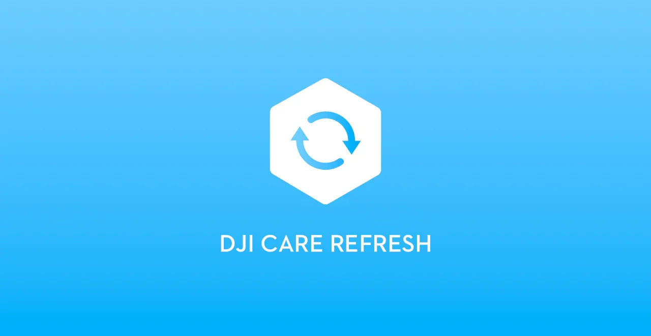 Logo DJI Care Refresh su sfondo azzurro, simbolo rinnovo, garanzia droni DJI