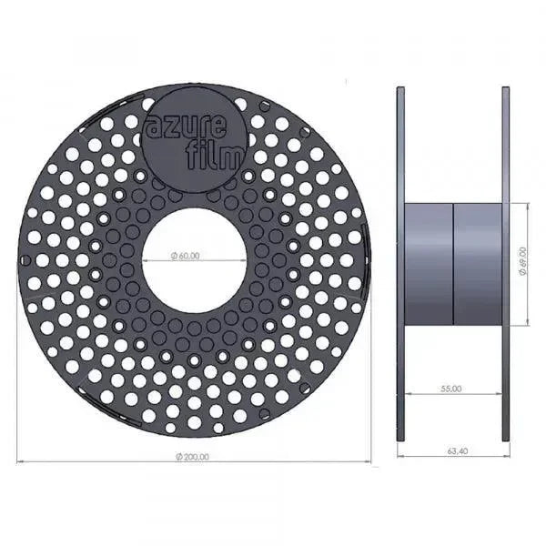 Bobina filamento 3D ASA 1.75mm, vista tecnica con dimensioni, stampa 3D