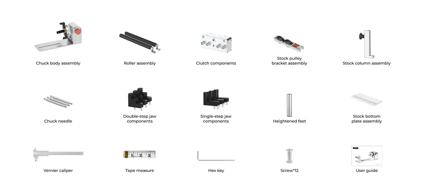 Set di componenti e strumenti per assemblaggio mandrino inclusi rulli, staffe, piedini, chiave esagonale, guida utente e metro a nastro, adatti per stampanti 3D.