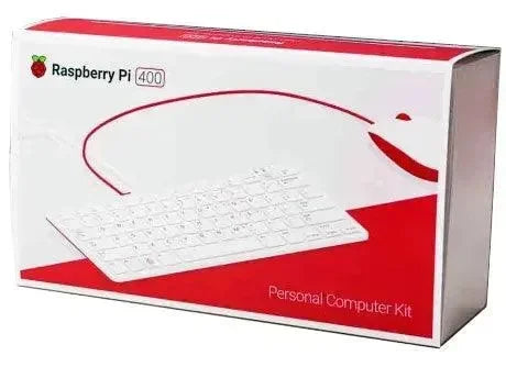 Scatola kit computer Raspberry Pi 400 con tastiera integrata e design mouse rosso.