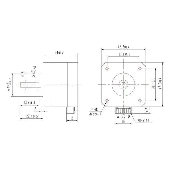Disegno tecnico motore passo-passo bipolare NEMA 17 per stampanti 3D e droni
