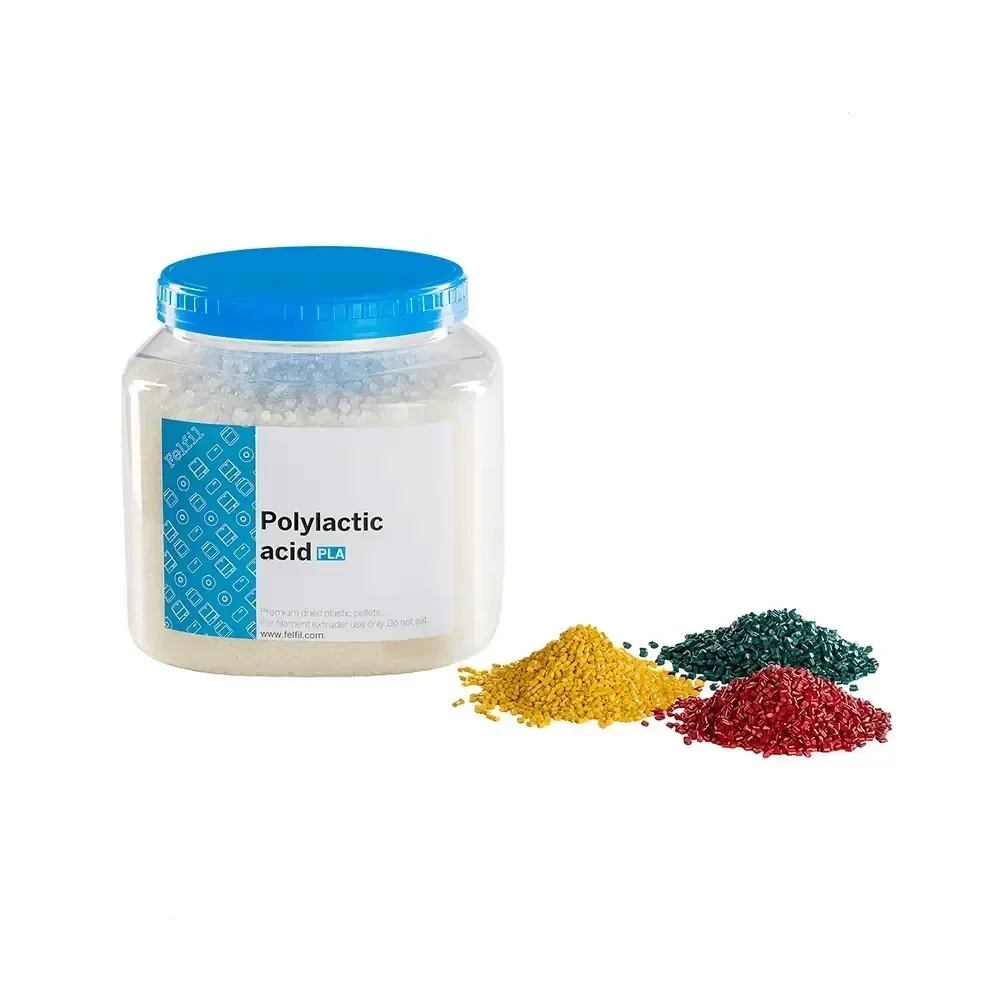 Barattolo di pellet PLA per stampa 3D con campioni colorati giallo, verde e rosso
