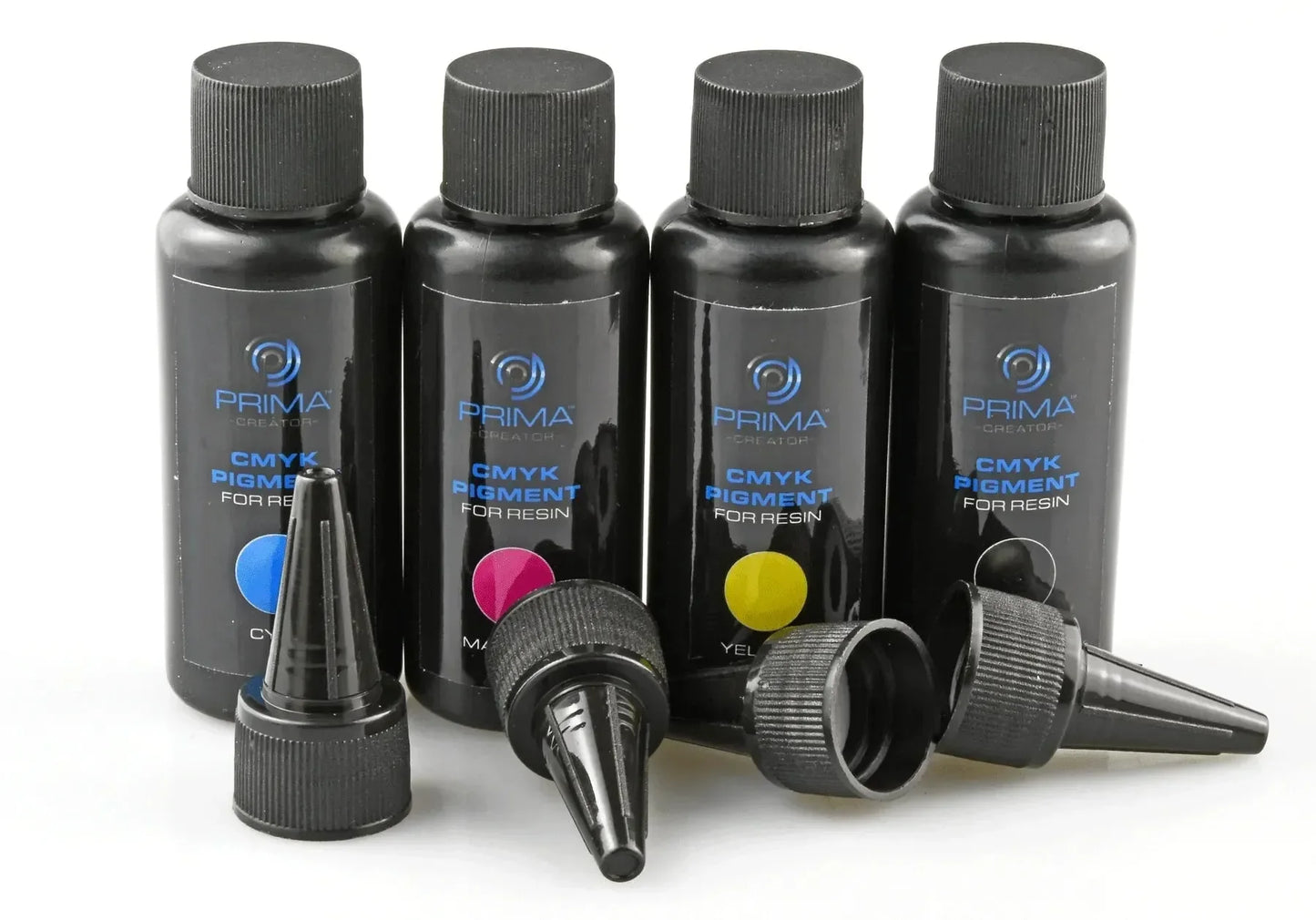 Set pigmenti resina CMYK per stampa 3D, quattro flaconi con tappi, colori ciano magenta giallo nero