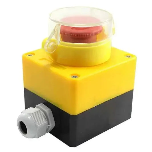 Pulsante di emergenza rosso con contenitore giallo per sicurezza stampanti 3D e droni