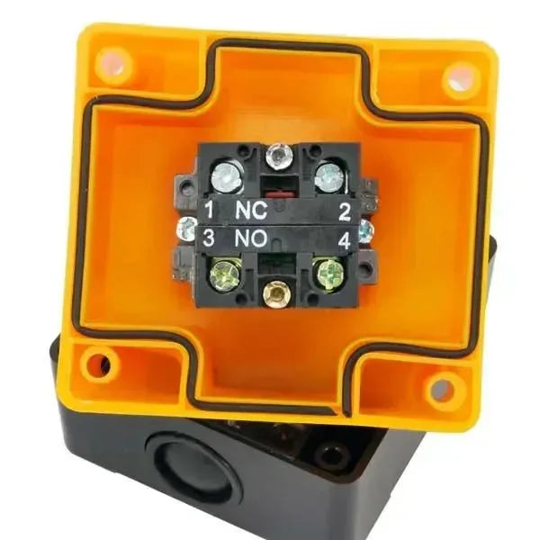Pulsante di emergenza con contenitore giallo per stampanti 3D e dispositivi industriali