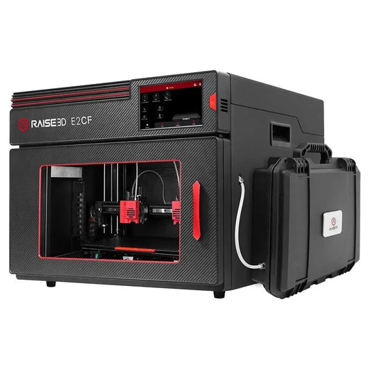 Stampante 3D Raise3D E2CF con doppio estrusore IDEX, design nero e rosso, vista frontale