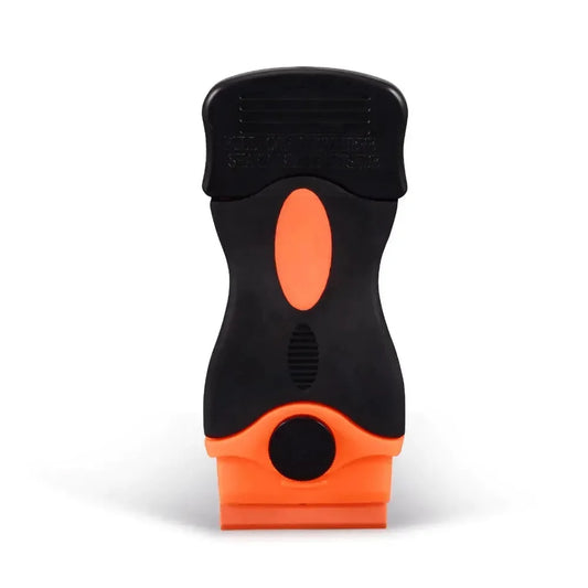 Raschietto a lama di rasoio in plastica nero e arancione per stampa 3D, vista frontale.