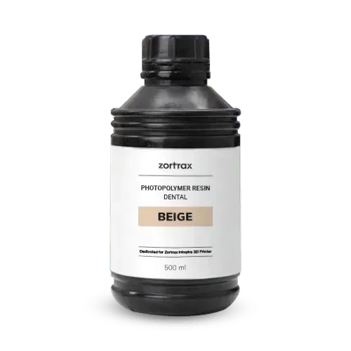 Bottiglia da 500 ml di resina UV beige per stampa 3D dentale, etichetta visibile.
