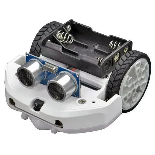 Mini robot educativo Maqueen Lite bianco con sensore a ultrasuoni e ruote, ideale per coding