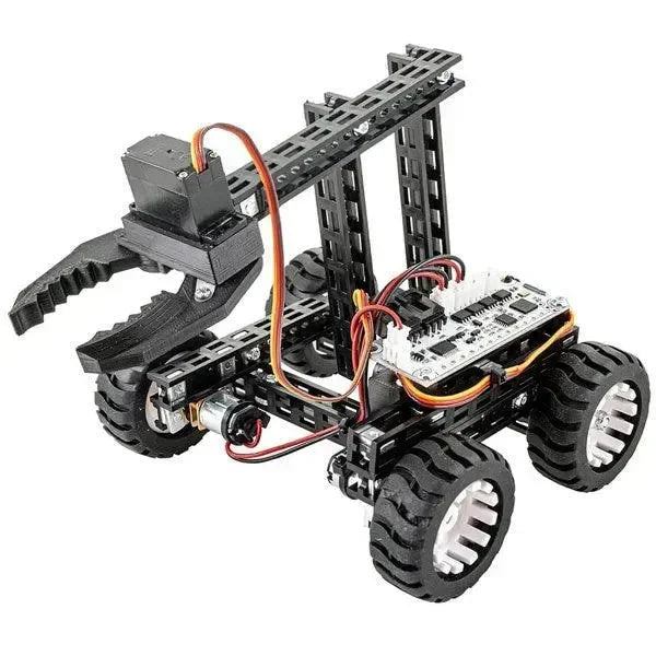 Rover educativo con braccio robotico e pinza, struttura a ruote, controllabile via app.