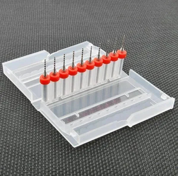 Set 10 punte 1 mm per foratura PCB in scatola trasparente, accessori droni e stampa 3D
