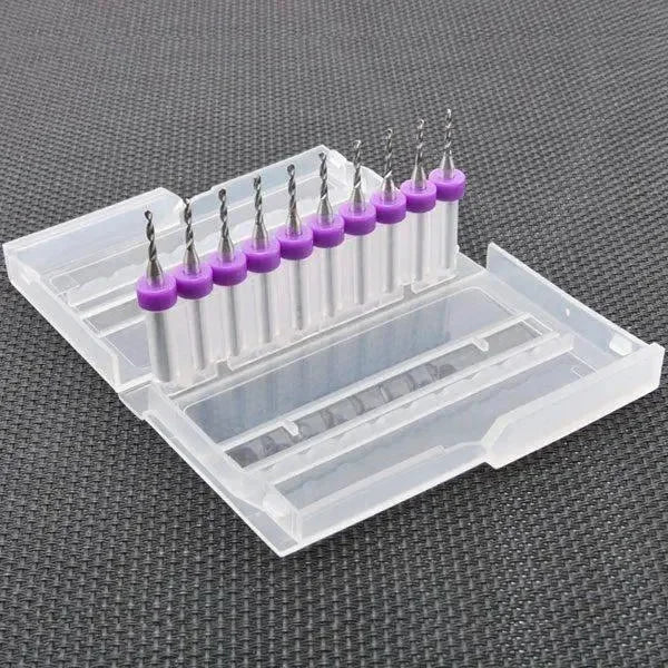 Set 10 punte da 1,5 mm per foratura PCB in confezione trasparente, accessori per stampanti 3D e droni.