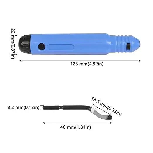 Utensile sbavatore per stampe 3D con misure, manico in metallo blu e lama intercambiabile.