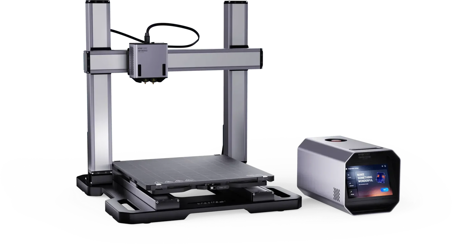 Stampante 3D Snapmaker Artisan su piano bianco, con modulo di controllo touchscreen, stampa 3D professionale