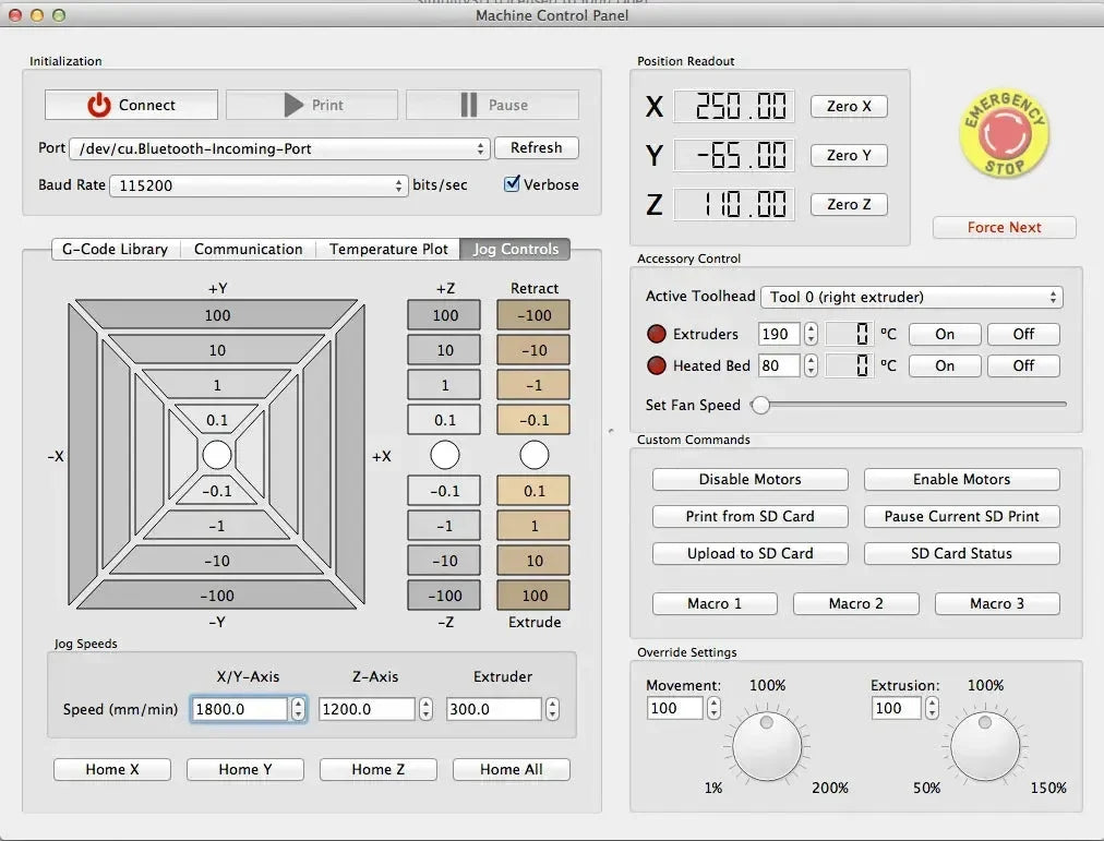 Interfaccia software di controllo stampante 3D, pannello comandi, impostazioni assi e temperatura.