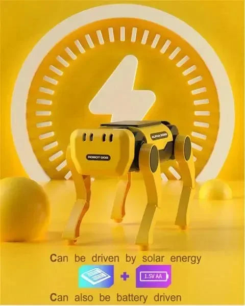 Cane robotico giallo in kit stampato in 3D, alimentato a energia solare o batteria, su sfondo giallo.
