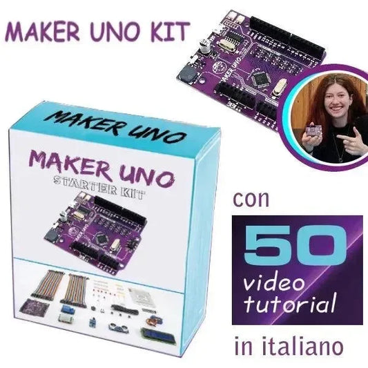 Starter kit Maker Uno per Arduino, con componenti elettronici e 50 video tutorial in italiano.