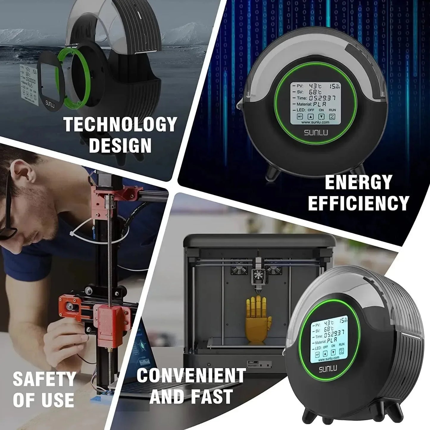 Essiccatore filamento 3D Sunlu con display digitale, design moderno, efficienza energetica