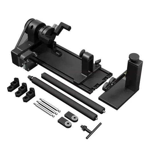 Kit accessorio rotativo xTool per incisione laser, componenti metallici su sfondo bianco.