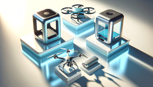 sleek drones and 3d printers on a glossy surface with soft lighting