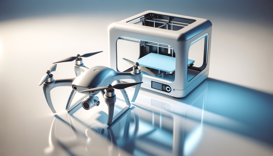 sleek drone and 3d printer on a bright, modern white surface with soft lighting