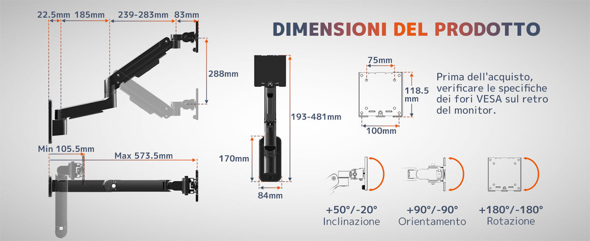 Supporto Monitor Muro per Monitor 17-49 Pollici, fino a 20kg, VESA 75/100 mm