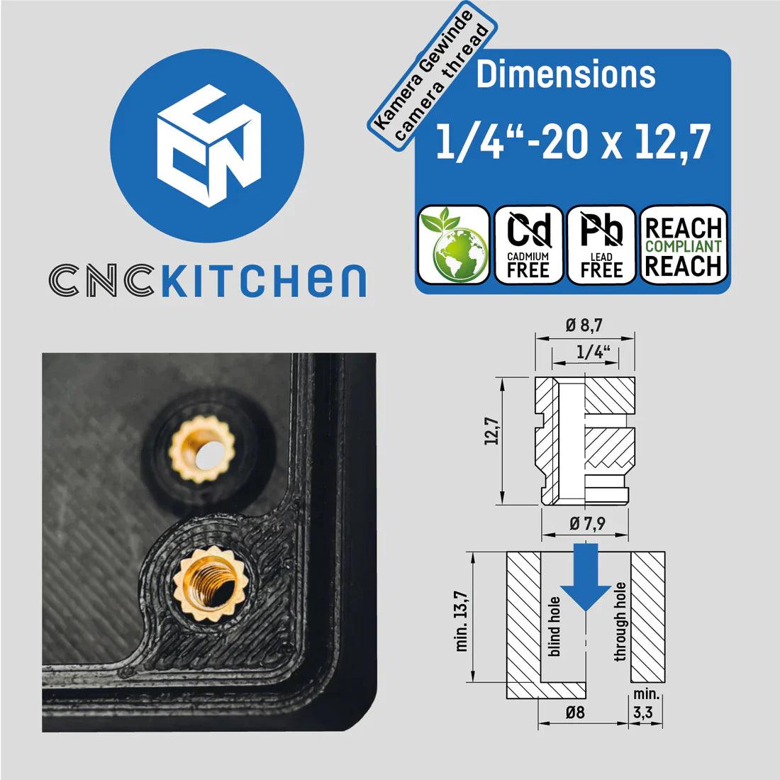 Inserto Filettato 1/4"-20x12,7 Standard 20pz - CNC Kitchen - 3Digital | Droni e Stampanti 3D
