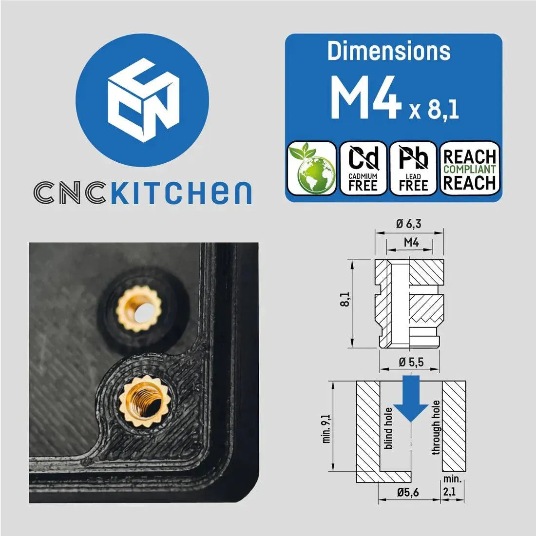 Inserto Filettato M4 Standard 50pz - CNC Kitchen - 3Digital | Droni e Stampanti 3D